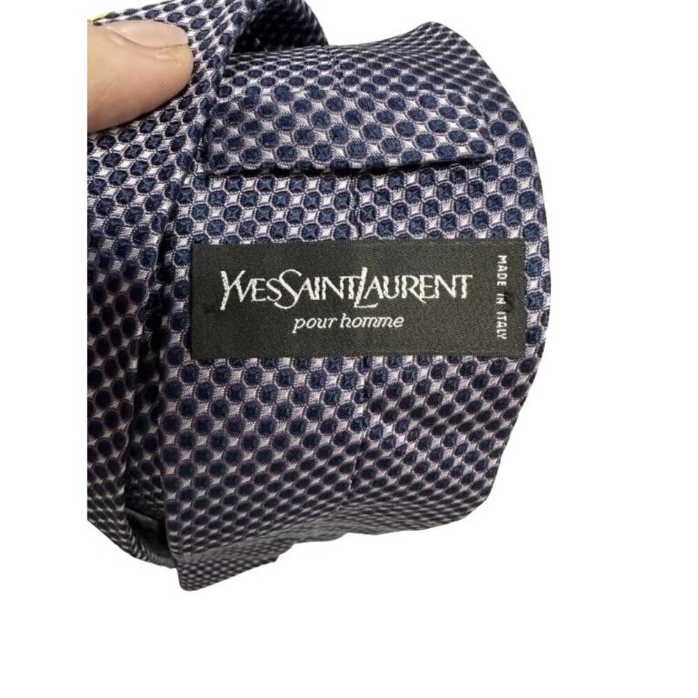 YSL Yves Saint Laurent Pour Homme Navy & White Dotted Italian Silk Tie Worn Twic - Picture 4 of 6